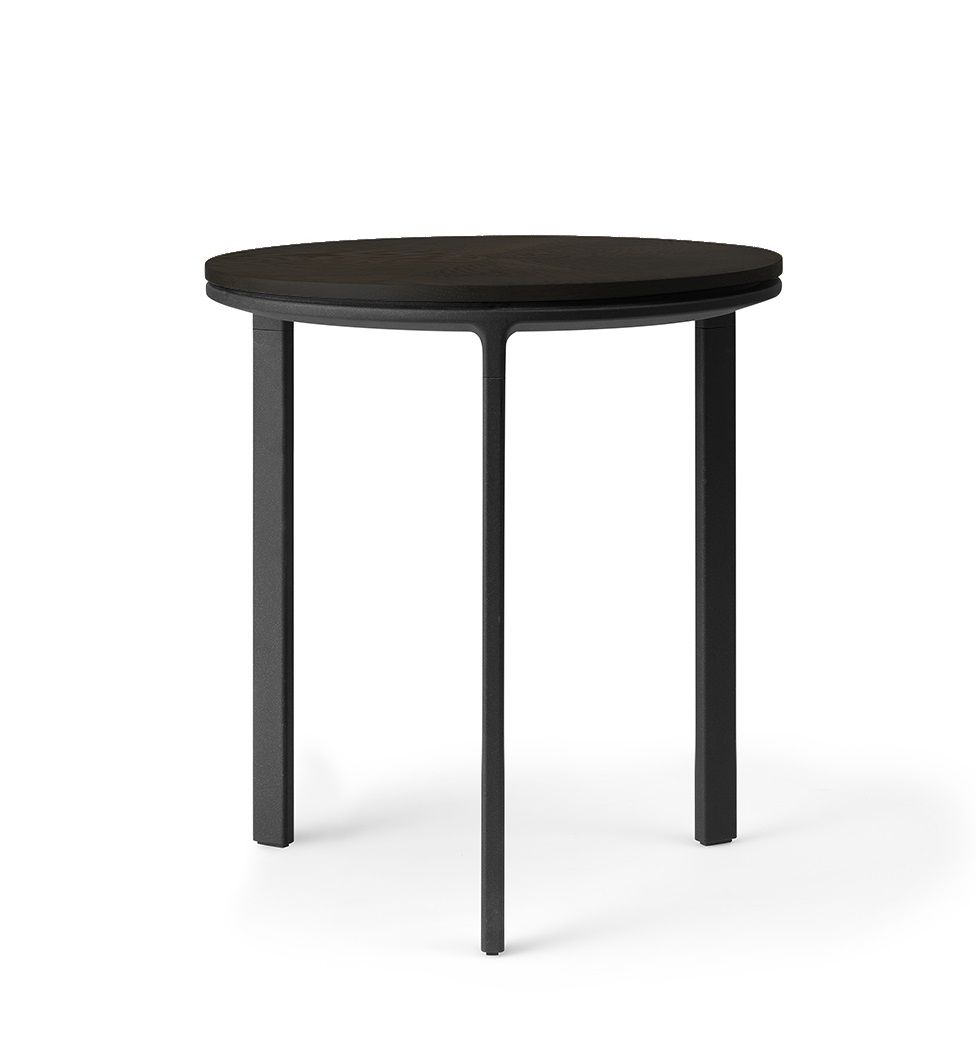 Runder, schwarzer Vipp Beistelltisch mit drei Beinen, Durchmesser 40 cm, für Wohnzimmer und Schlafzimmer.