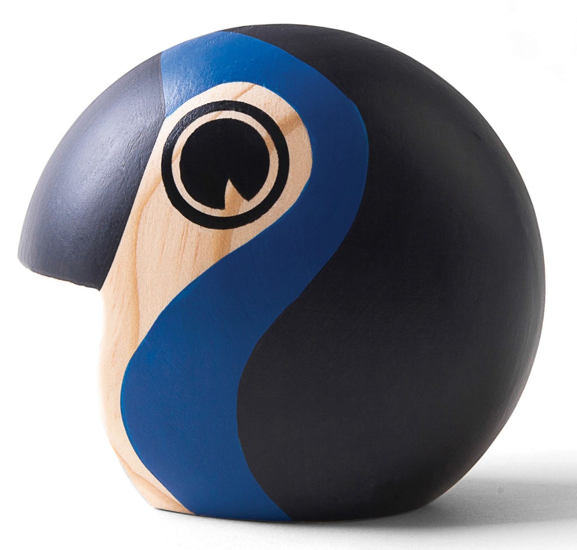 Discus Vogel Holzfigur, Architectmade Designobjekt, handgefertigte Dekoration mit blauen und schwarzen Akzenten.