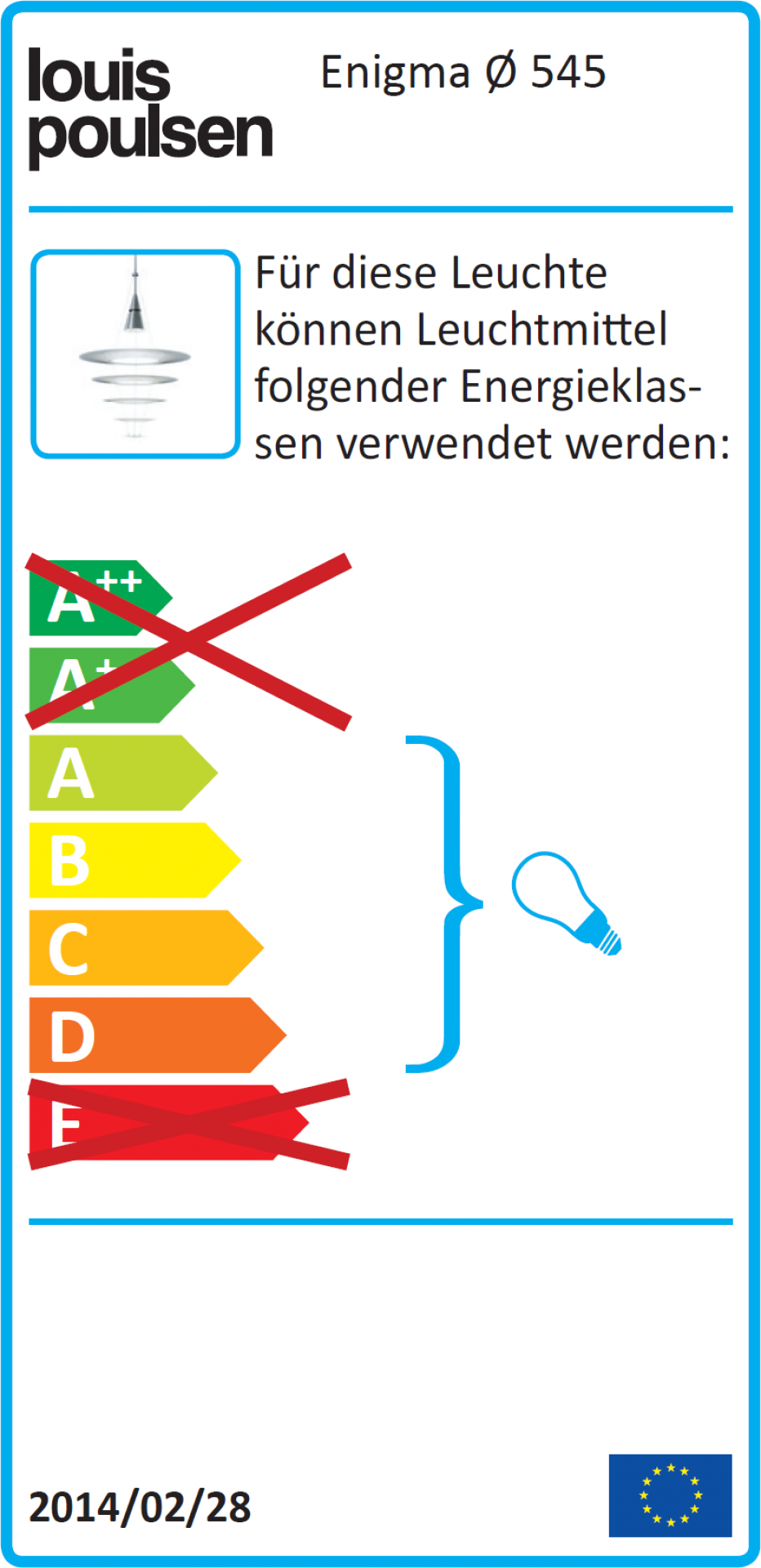 Energielabel der Louis Poulsen Enigma Pendelleuchte, zeigt Energieeffizienzklassen und empfohlene Leuchtmittel.
