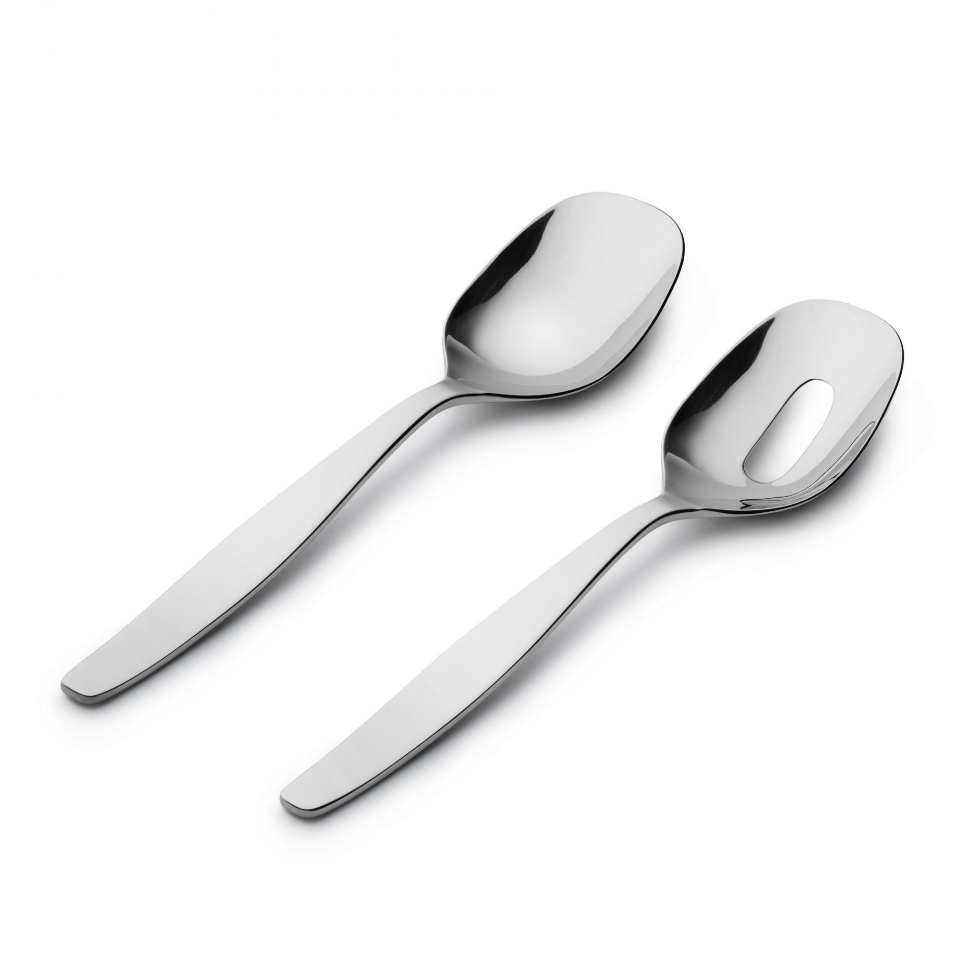 Alessi Itsumo Salatbesteck aus Edelstahl, bestehend aus Löffel und gelochtem Löffel.