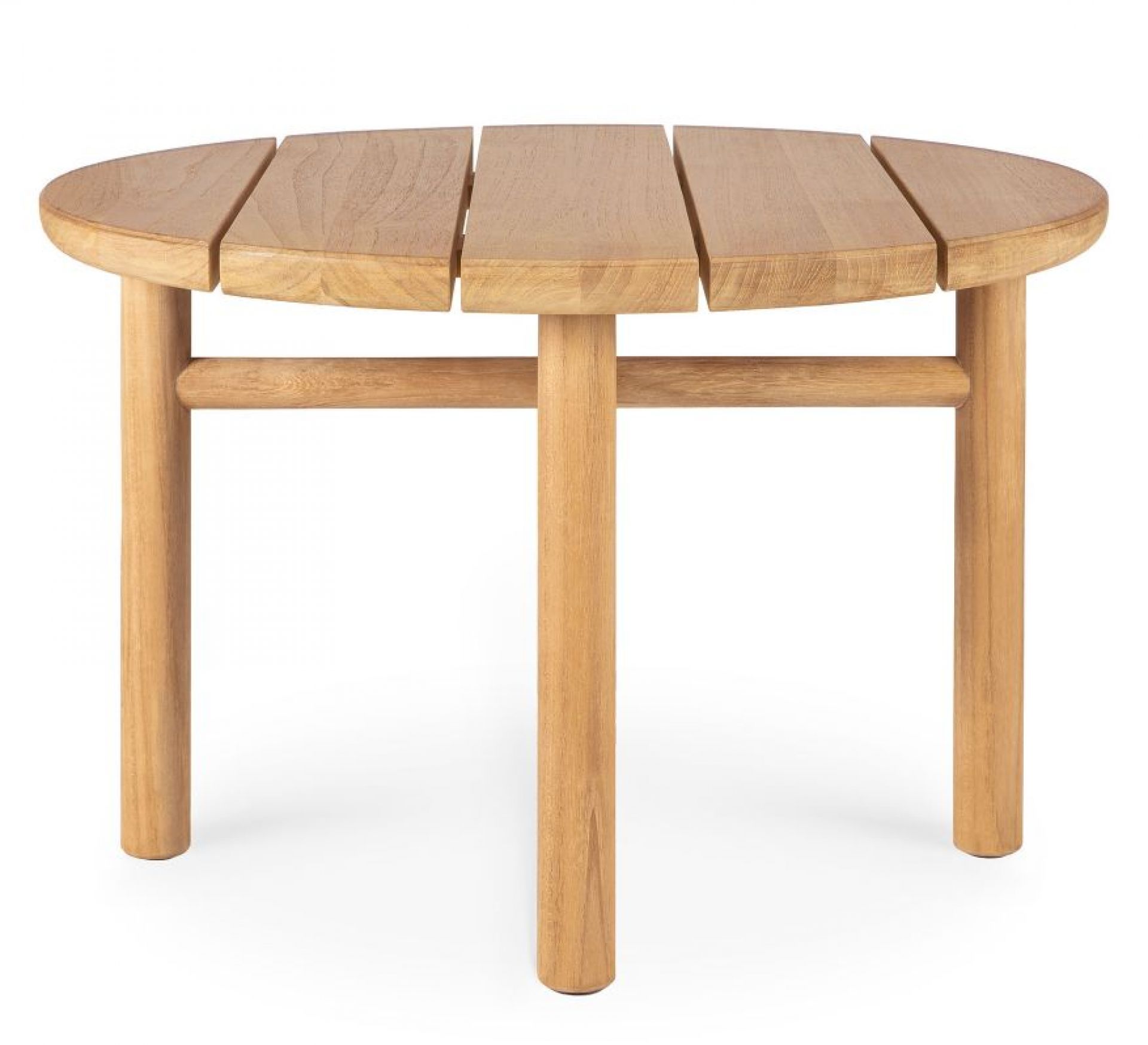 Quatro Couchtisch aus Teakholz von Ethnicraft: Runder Outdoor-Tisch mit Lattenstruktur und drei Beinen.