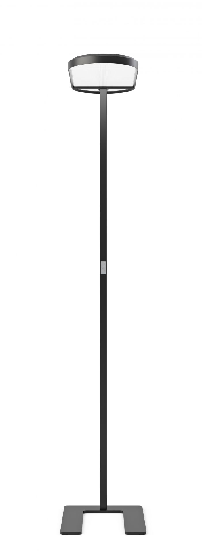 Schwarze Kido Stehleuchte von Belux mit U-Fuß und hellem, runden Leuchtkörper. Moderne Stehlampe für Büro und Wohnraum.