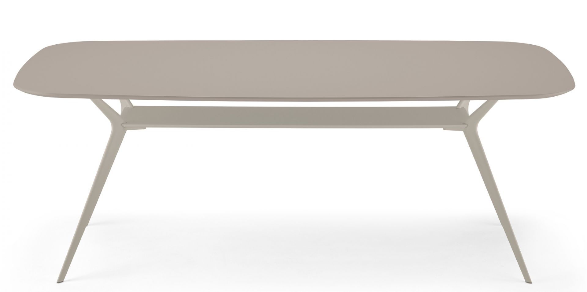 Biplane Tisch: Moderner Esstisch in Beige mit abgerundeten Ecken und filigranem Metallgestell.