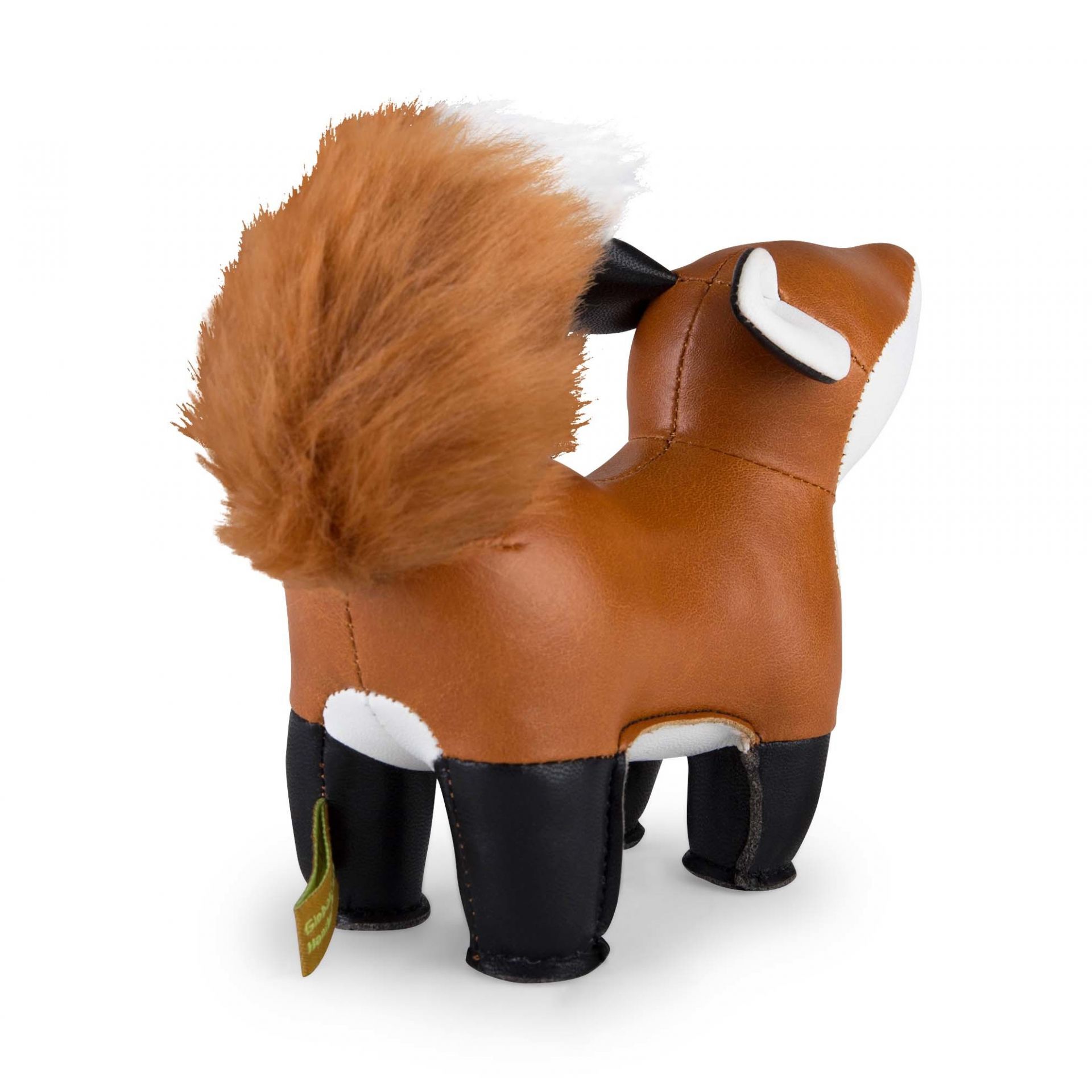 Briefbeschwerer Fuchs Furi von Züny, tan/weiß, aus Kunstleder, mit buschigem Schwanz, von hinten.