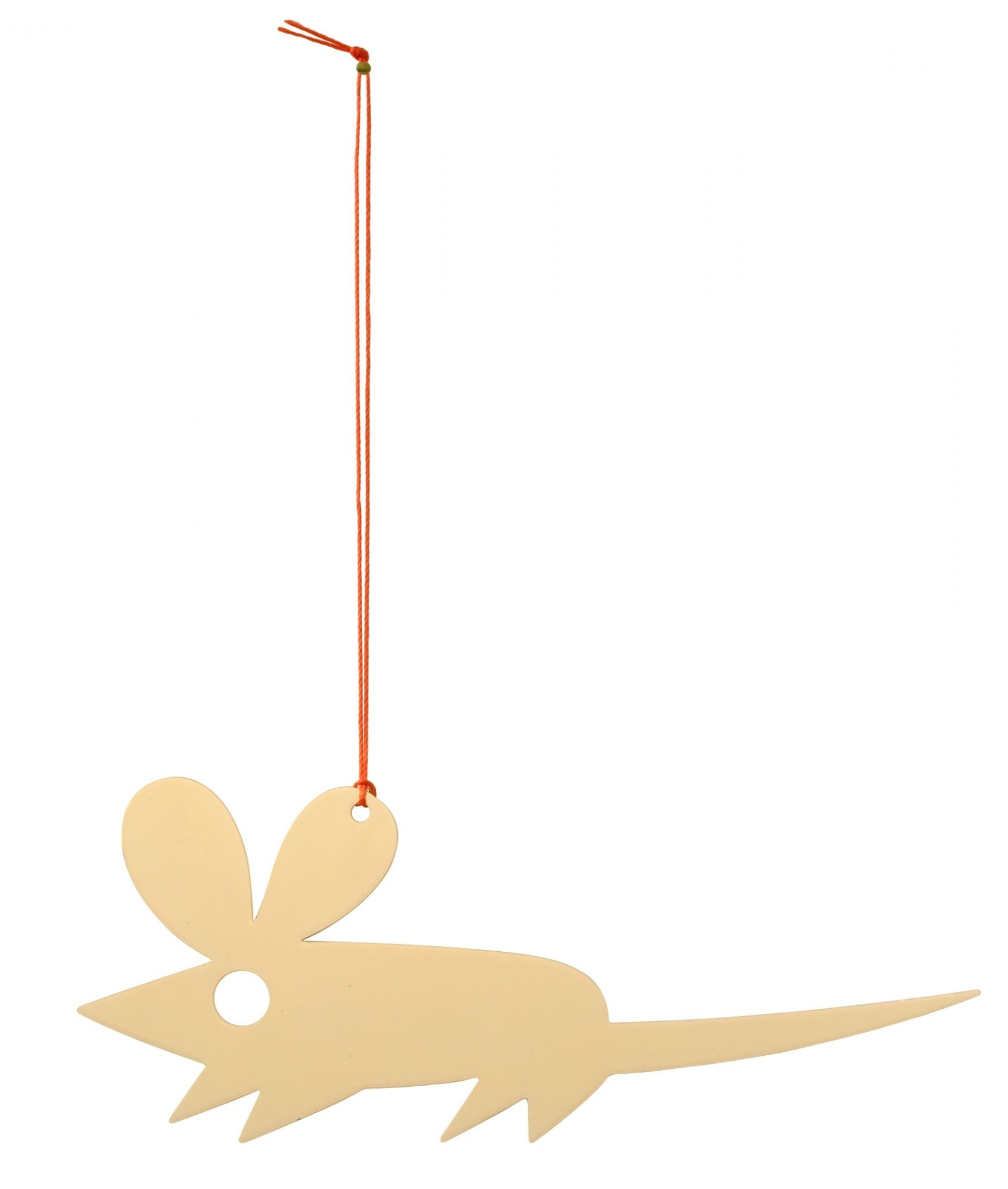 Girard Ornaments Vitra-Maus: Beige Maus-Ornament aus Metall, hängend an einer orangefarbenen Schnur.