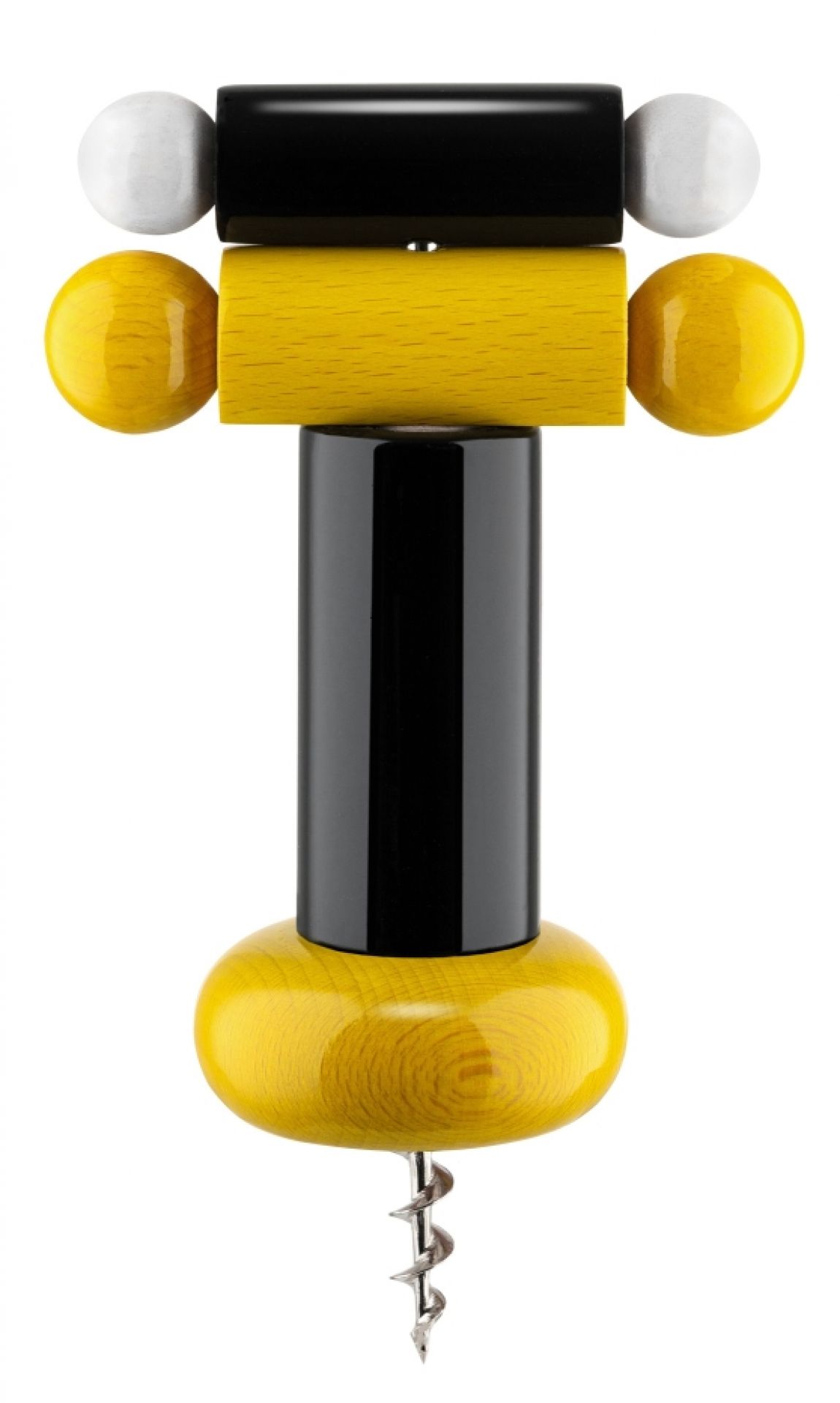 Alessi Korkenzieher ES17, schwarz, gelb und weiß. Design Korkenzieher aus Holz und Metall.
