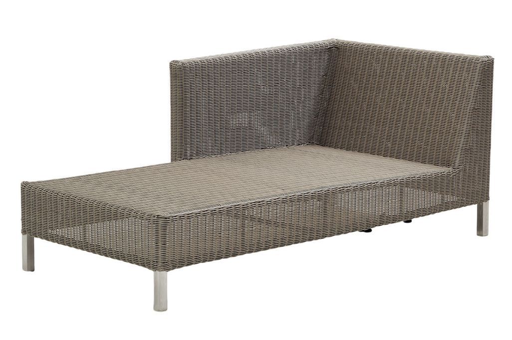 Connect Chaiselongue von Cane-Line, Modulsofa rechts, aus Rattan-Geflecht mit silbernen Füßen. Gartenmöbel für Terrasse.