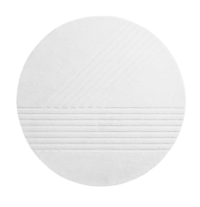 Weißer, runder Kyoto Teppich von Woud, Durchmesser 200 cm, mit geometrischem Muster.