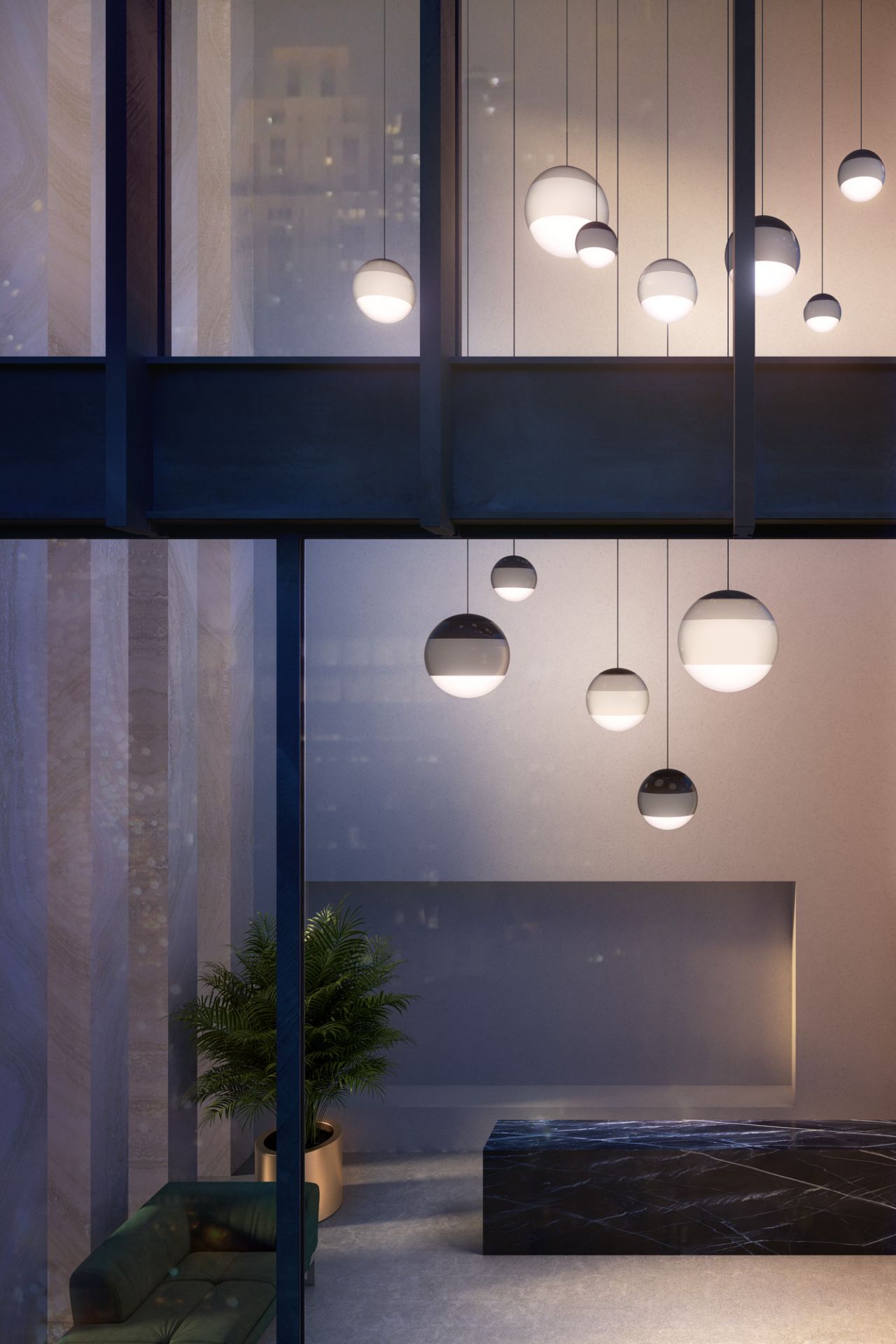 Mehrere Dipping Light Pendelleuchten von Marset in Bernstein hängen in einem modernen Interieur.