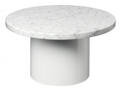 Enoki Beistelltisch mit runder Tischplatte aus Marmor und weißem, zylindrischem Fuß.