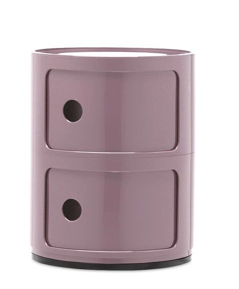 Kartell Componibili 2er Element in Pflaumenfarbe, runder Kunststoffcontainer mit zwei Fächern und runden Grifföffnungen.