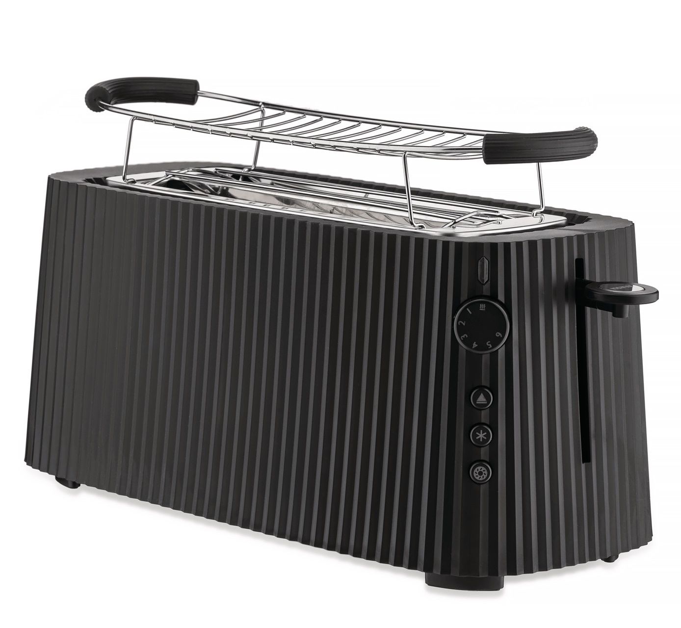 Schwarzer Alessi Plissé Toaster XXL mit Brötchenaufsatz, ideal für knusprige Toastscheiben und Brötchen.