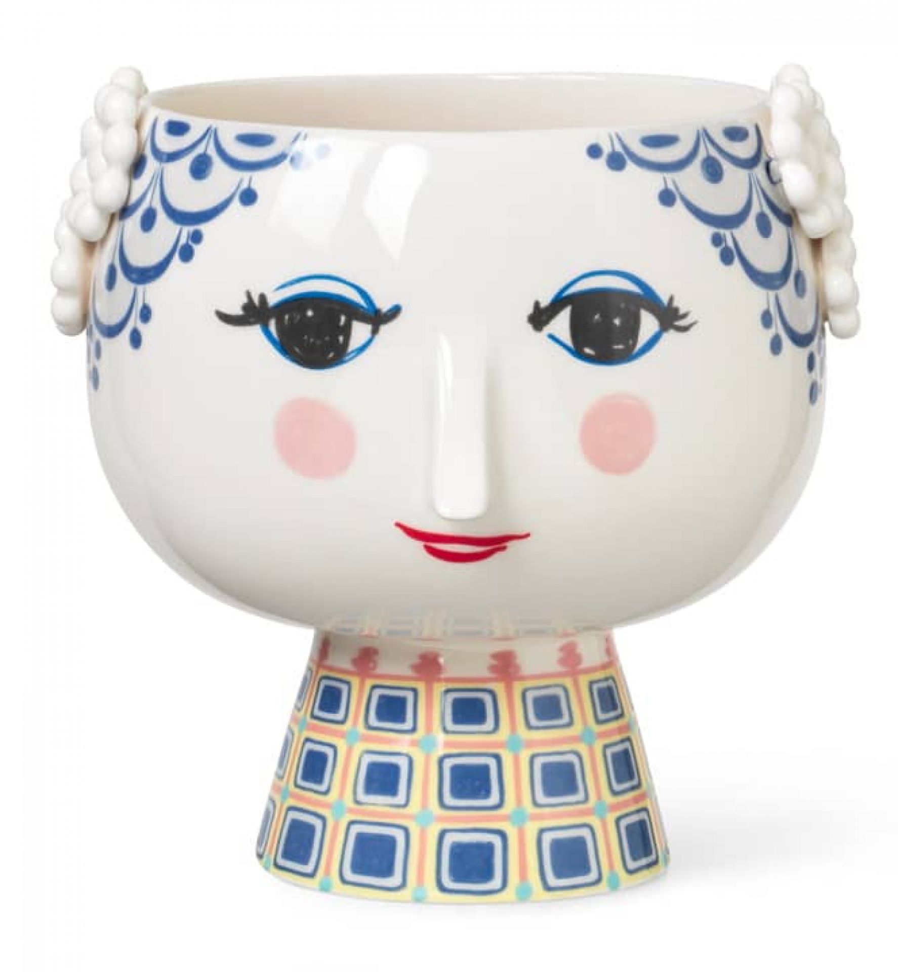 Eva Blumentopf mit Gesicht, 21 cm, blau-weiß, dekorativer Übertopf für Zimmerpflanzen.