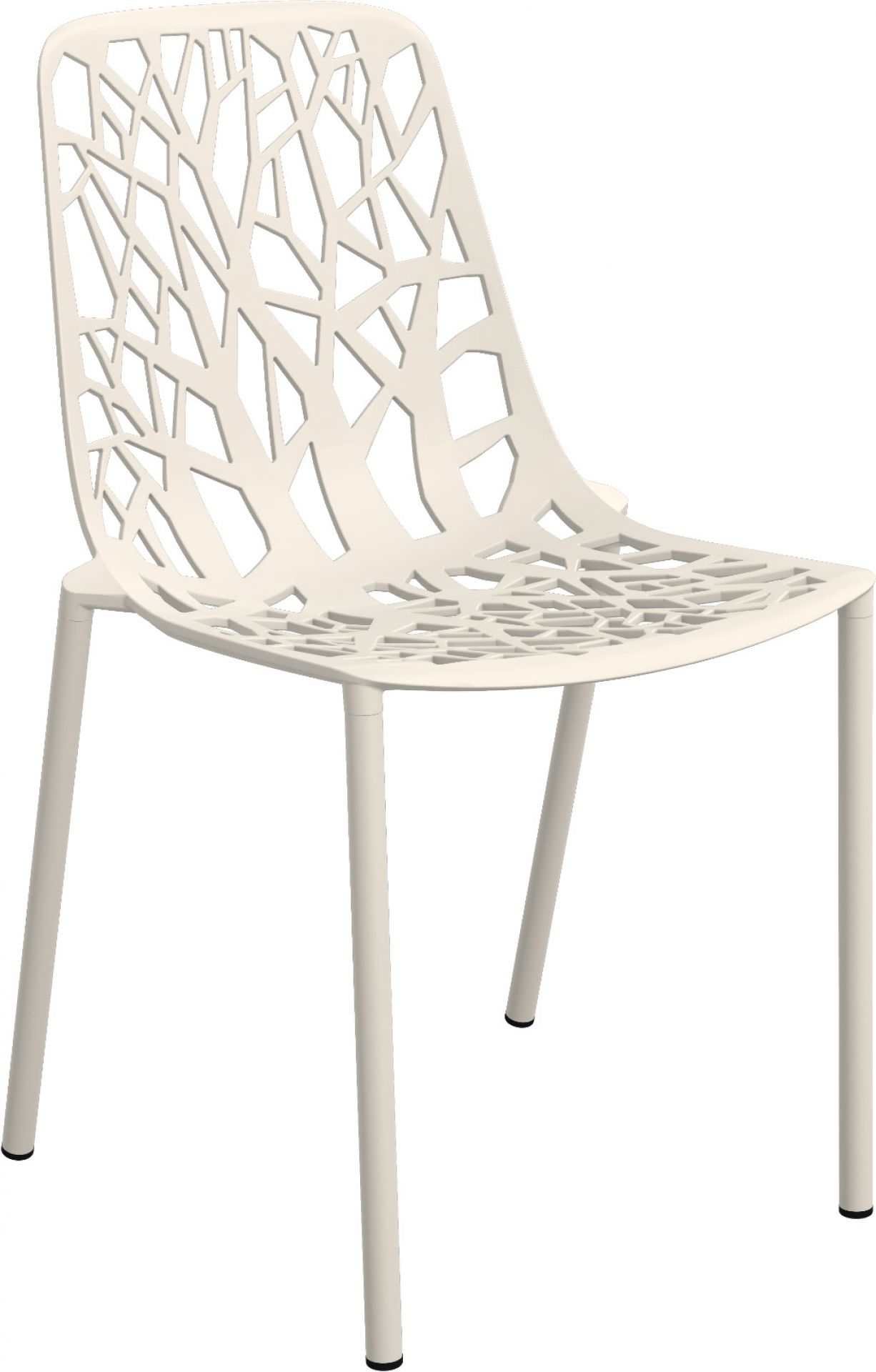 Cremeweißer Forest Stuhl mit filigranem, baumartigen Muster für den Außenbereich. Gartenstuhl aus Kunststoff.