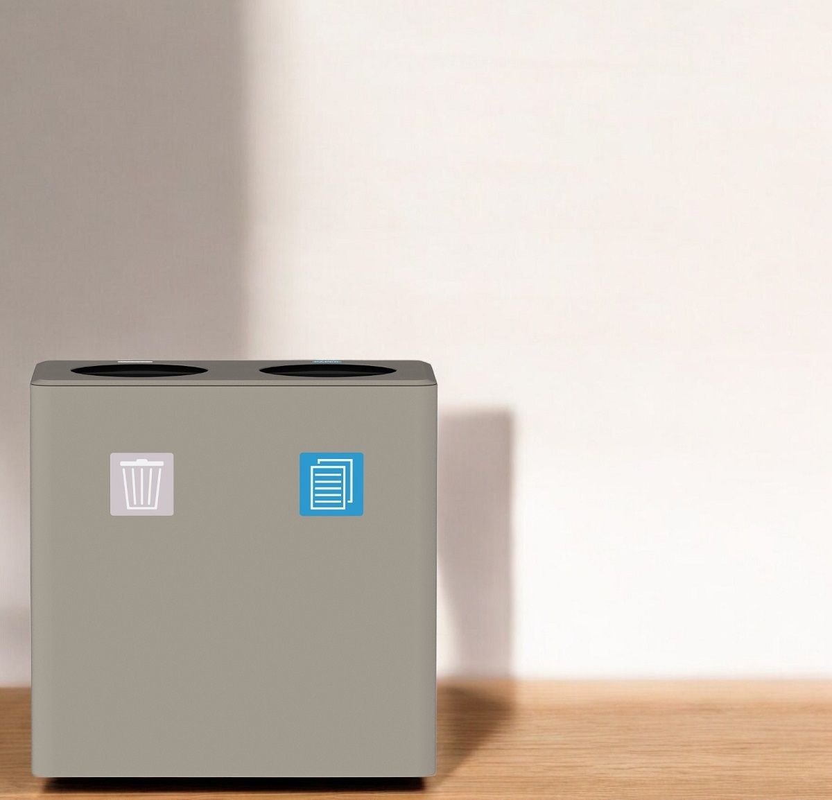 Dunk 2 Abfalltrennsystem: Grauer Mülleimer mit zwei Fächern zur Mülltrennung für Büro und Haushalt.