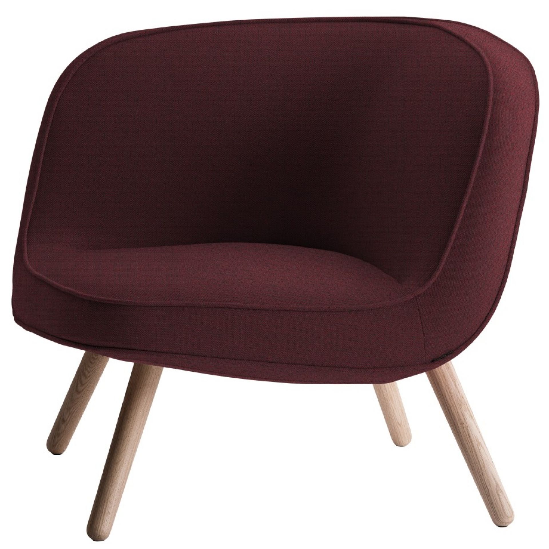 Via57 Sessel von Fritz Hansen, moderner Loungesessel in Bordeauxrot mit hellen Holzfüßen für Wohnzimmer.