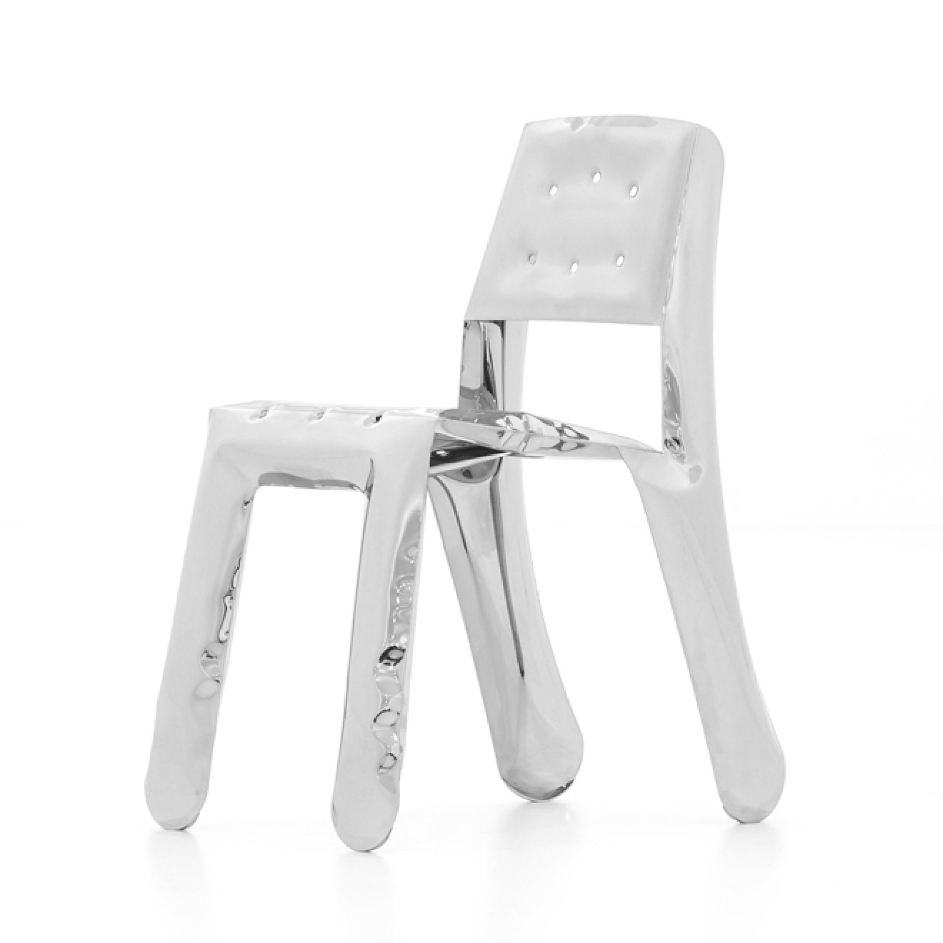 Chippensteel Stuhl von Zieta, moderner Designstuhl aus poliertem Stahl, minimalistisches Möbelstück.