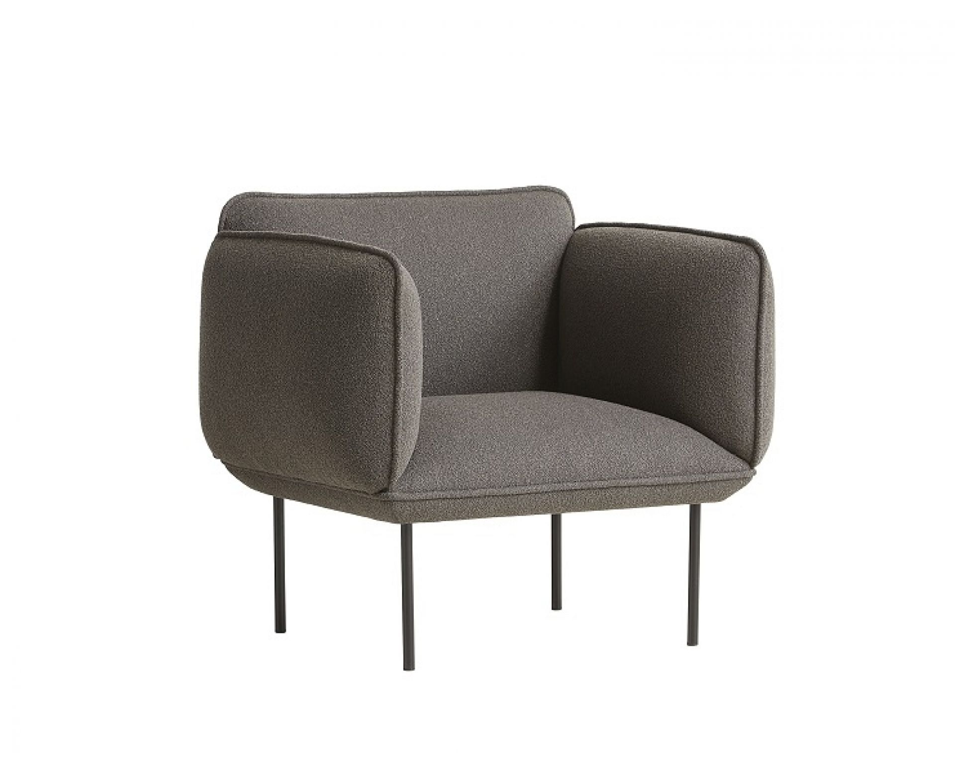 Graues Nakki Sofa von Woud mit Armlehnen und schwarzen Metallbeinen, modernes Design.