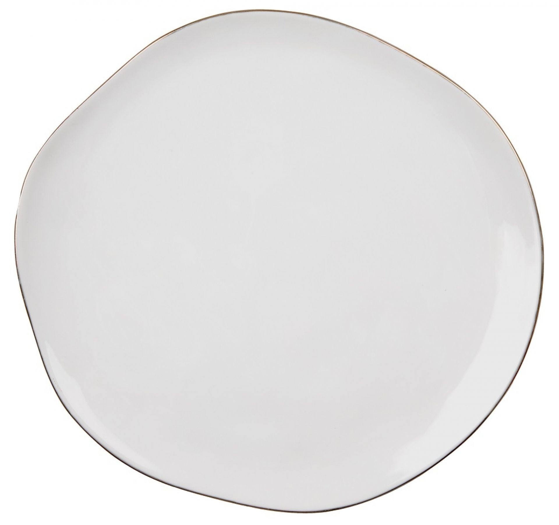 Weißer, großer Speiseteller mit unregelmäßiger Form und Goldrand. Räder DINING Mix & Match.