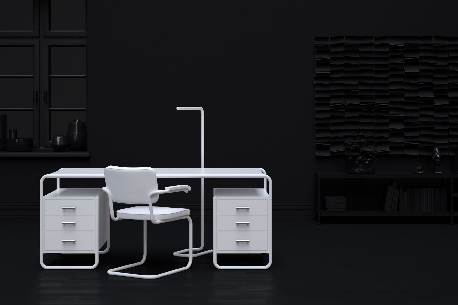 Weißer S 285 Stahlrohr Schreibtisch von Thonet mit passendem Stuhl und Schubladenelementen vor schwarzem Hintergrund.