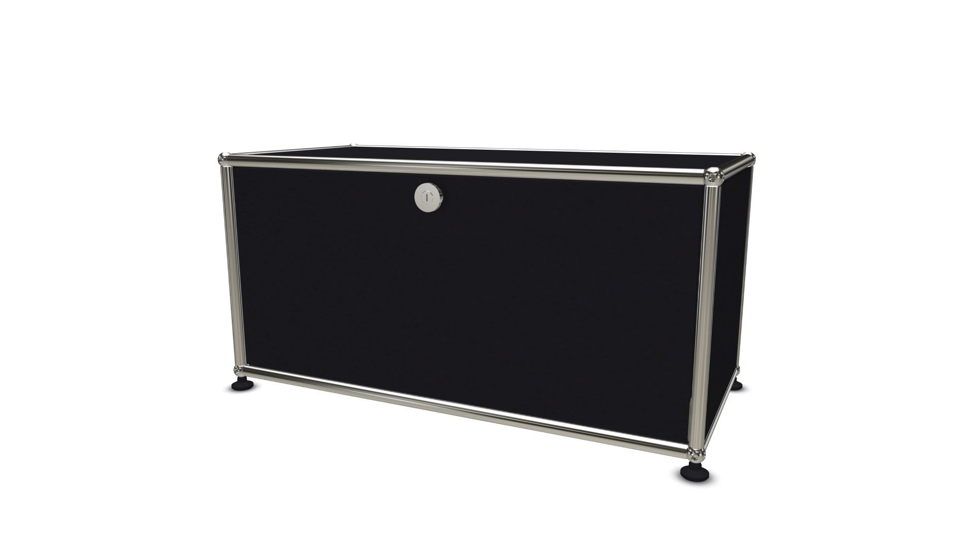 Schwarzes USM Haller Lowboard mit einer Klappe, Chromgestell und minimalistischem Design für modernes Wohnen.