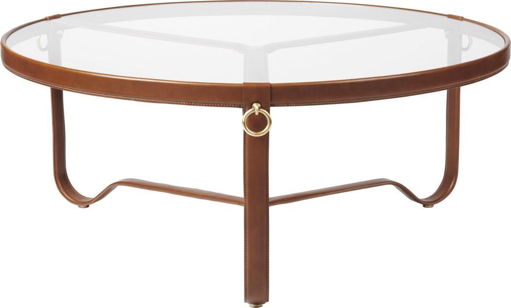 Adnet Coffee Table: Runder Couchtisch mit Glasplatte und braunem Ledergestell von Gubi.