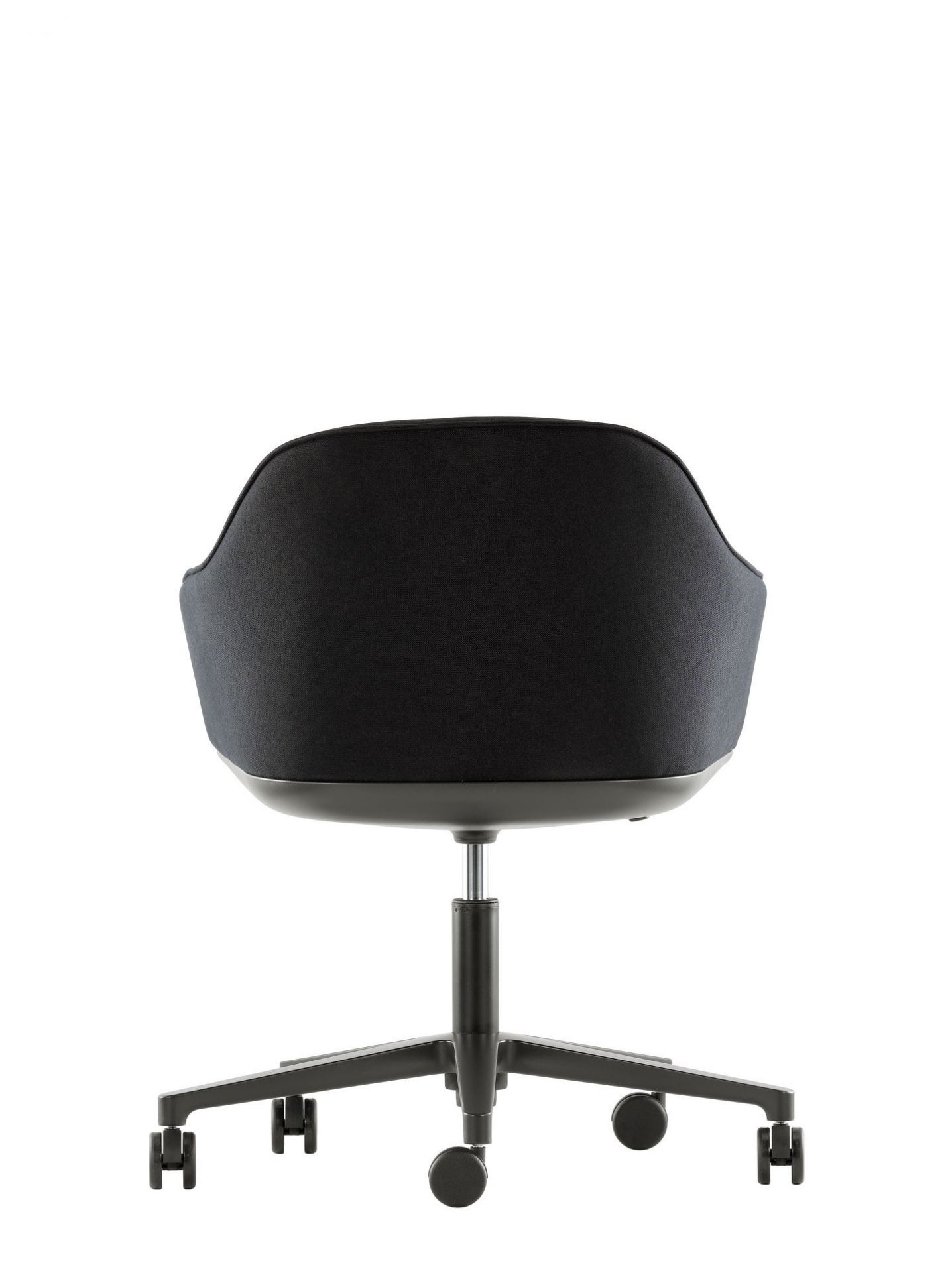 Rückansicht: Schwarzer Softshell Chair Drehstuhl von Vitra mit Fünfsternfuß und Rollen.