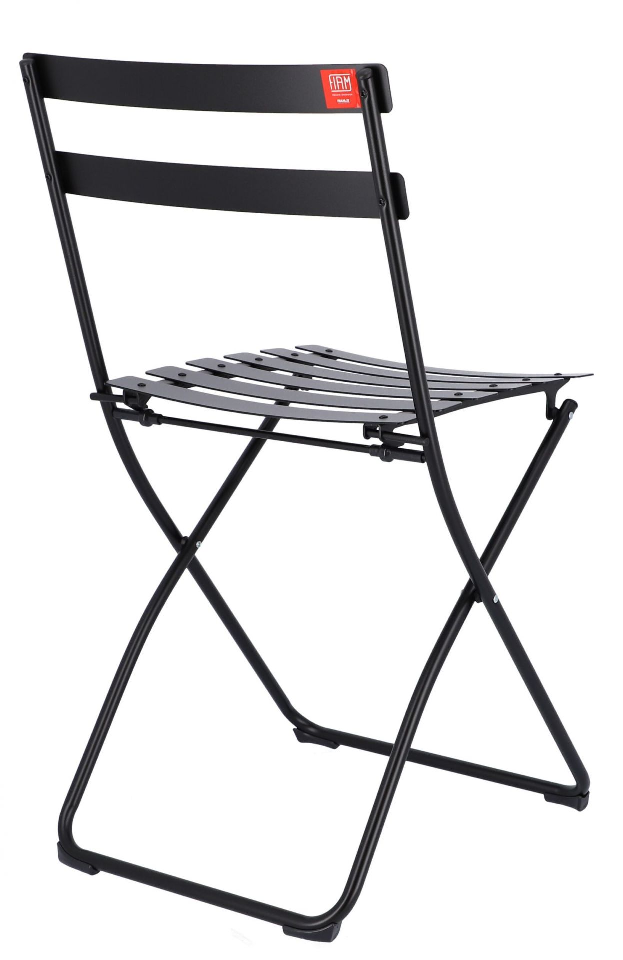 Schwarzer Fiam Klappstuhl für den Outdoor-Bereich, ideal für Garten, Balkon und Terrasse.