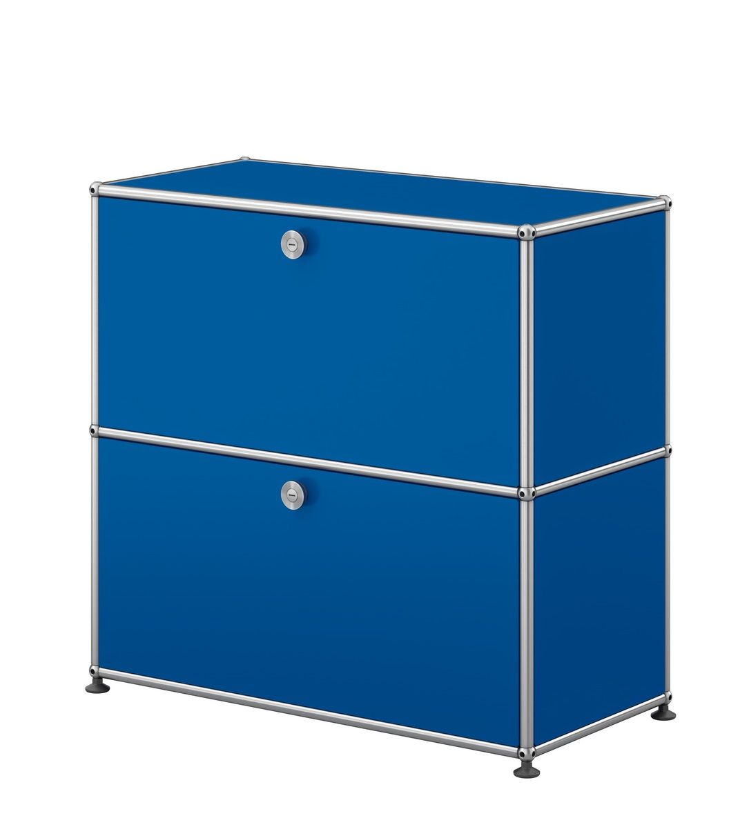 USM Haller Sideboard klein in Enzianblau mit zwei abschließbaren Fächern und Chromgestell.