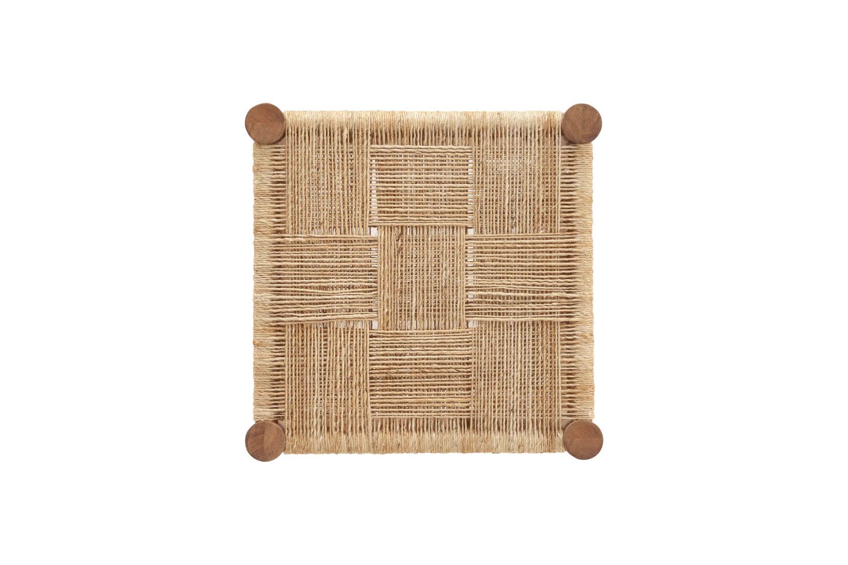 Ansicht von oben: Roots Hocker mit geflochtener Sitzfläche und Holzfüßen. Sitzhocker aus Naturmaterialien.