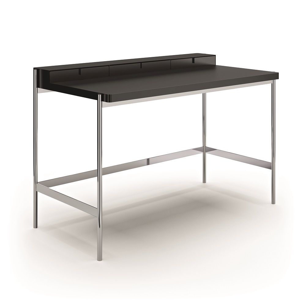 PS20 Schreibtisch von Müller Möbelfabrikation mit Chromgestell und dunkler Tischplatte. Moderner Bürotisch.