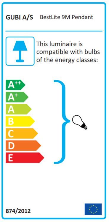 Energieeffizienzlabel der Bestlite BL9M Pendelleuchte von Gubi, kompatibel mit Leuchtmitteln der Klassen A++ bis E.