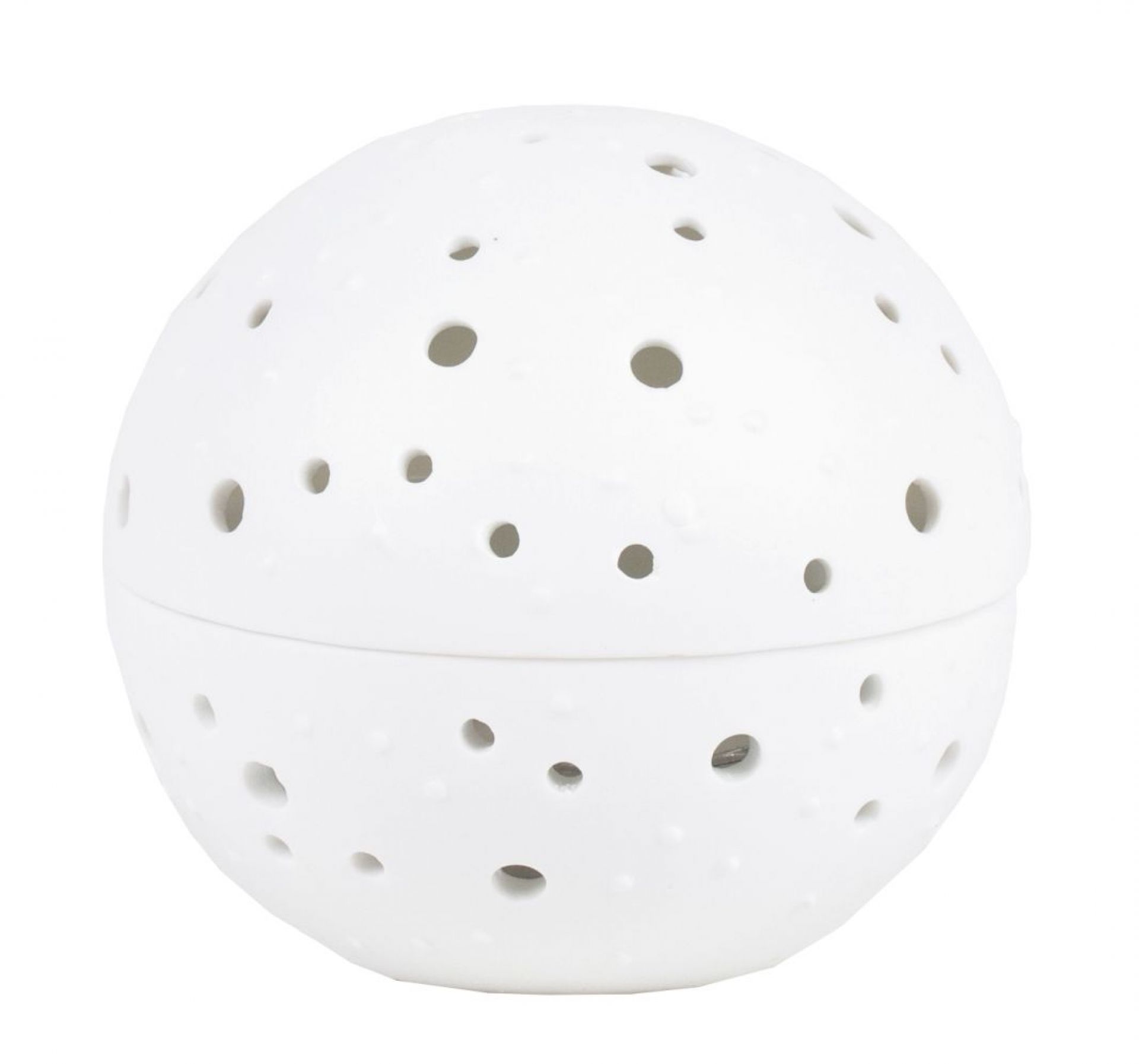 Weiße Living Wunderkugel mit Punktmuster und kleinen Löchern, dekorative Kugel für Innenräume.