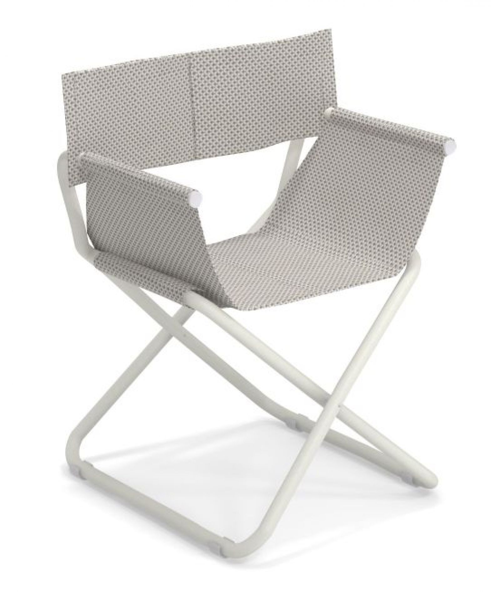 Snooze Regiestuhl in Mattweiß-Eis: Moderner, klappbarer Gartenstuhl mit Stoffbezug und weißem Gestell.