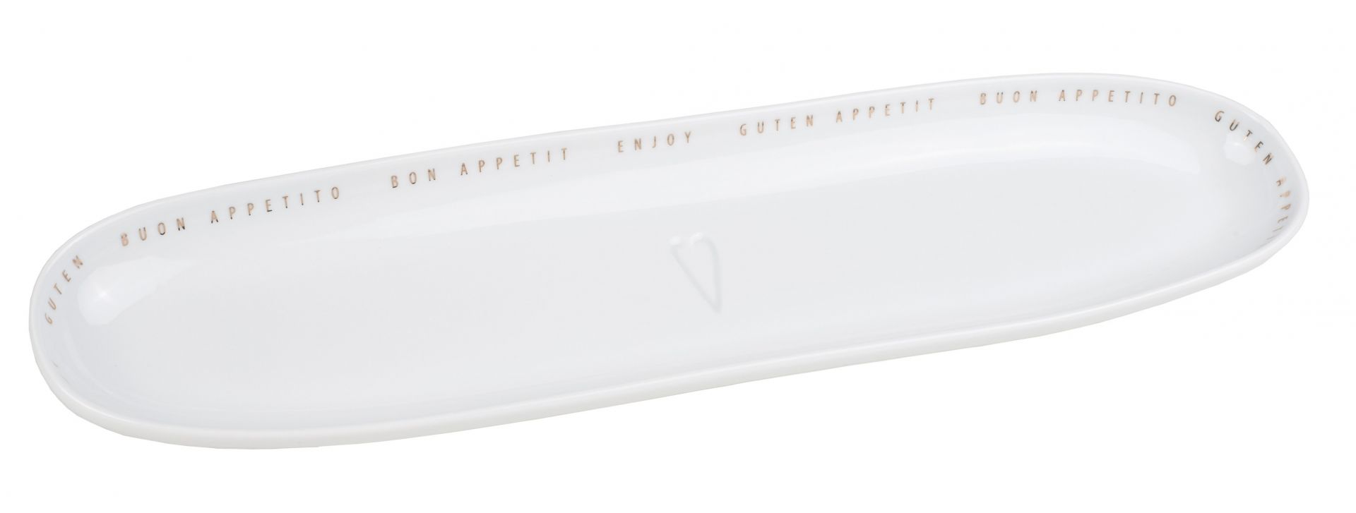 Weiße "Guten Appetit" Servierplatte von Räder mit Schriftzug und Herz, ideal für Tischdeko.