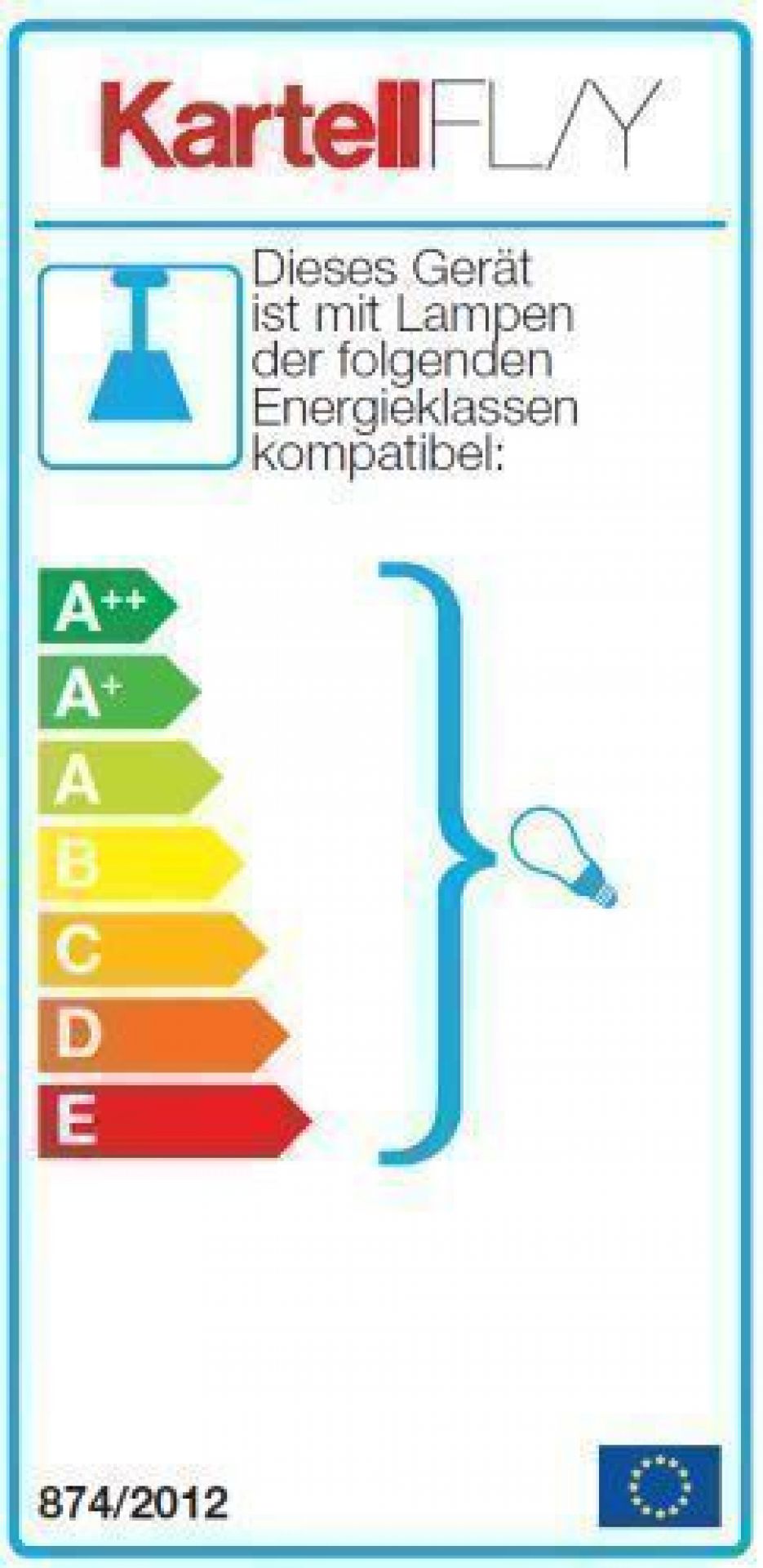 Energieeffizienzlabel für Kartell Fly Pendelleuchte, kompatible Lampenklassen von A++ bis E.