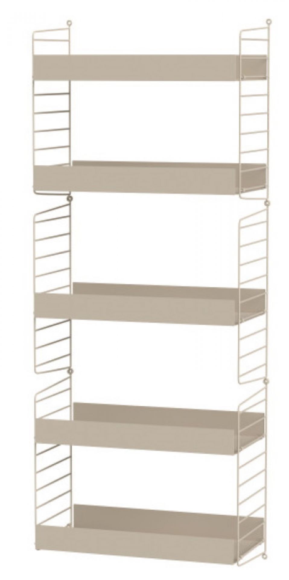 Beiges String Regalsystem mit fünf Regalböden für Wohnzimmer und Büro.