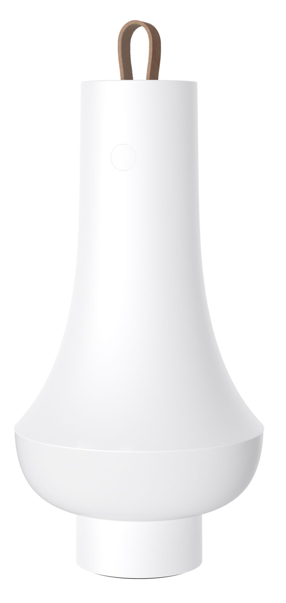 Weiße Tomoshi Portable Akkuleuchte von Louis Poulsen mit braunem Ledergriff für den flexiblen Einsatz.