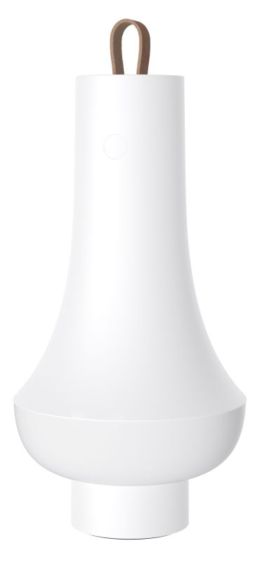 Weiße Tomoshi Portable Akkuleuchte von Louis Poulsen mit braunem Ledergriff für den flexiblen Einsatz.