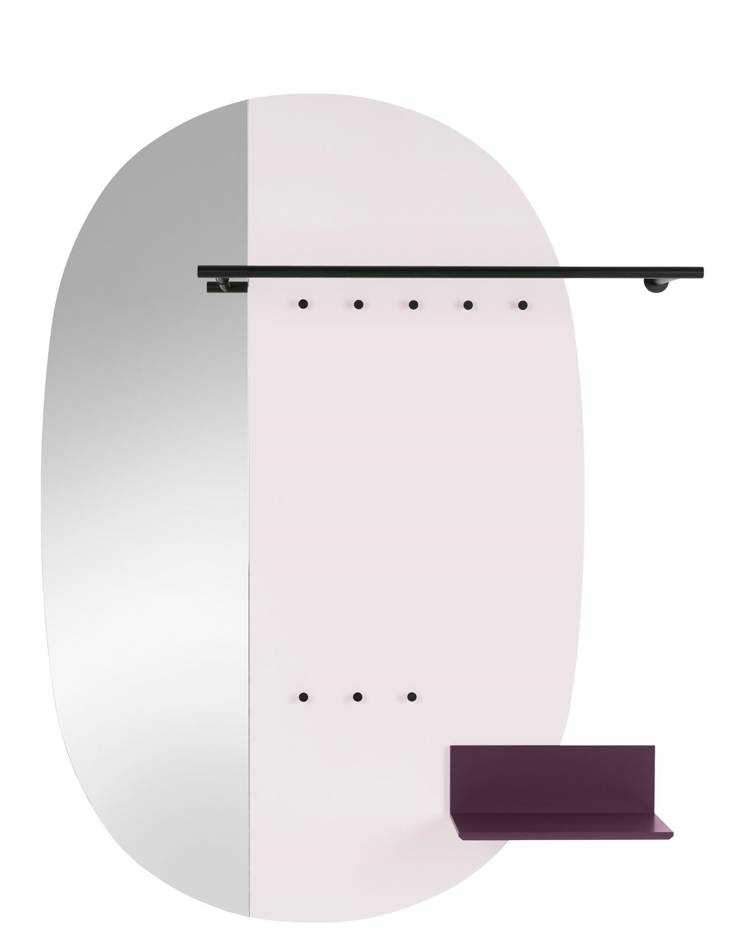 Schönbuch Mask Paneelgarderobe: Moderne Wandgarderobe mit Spiegel, Kleiderstange, Haken und Ablage in Lila.