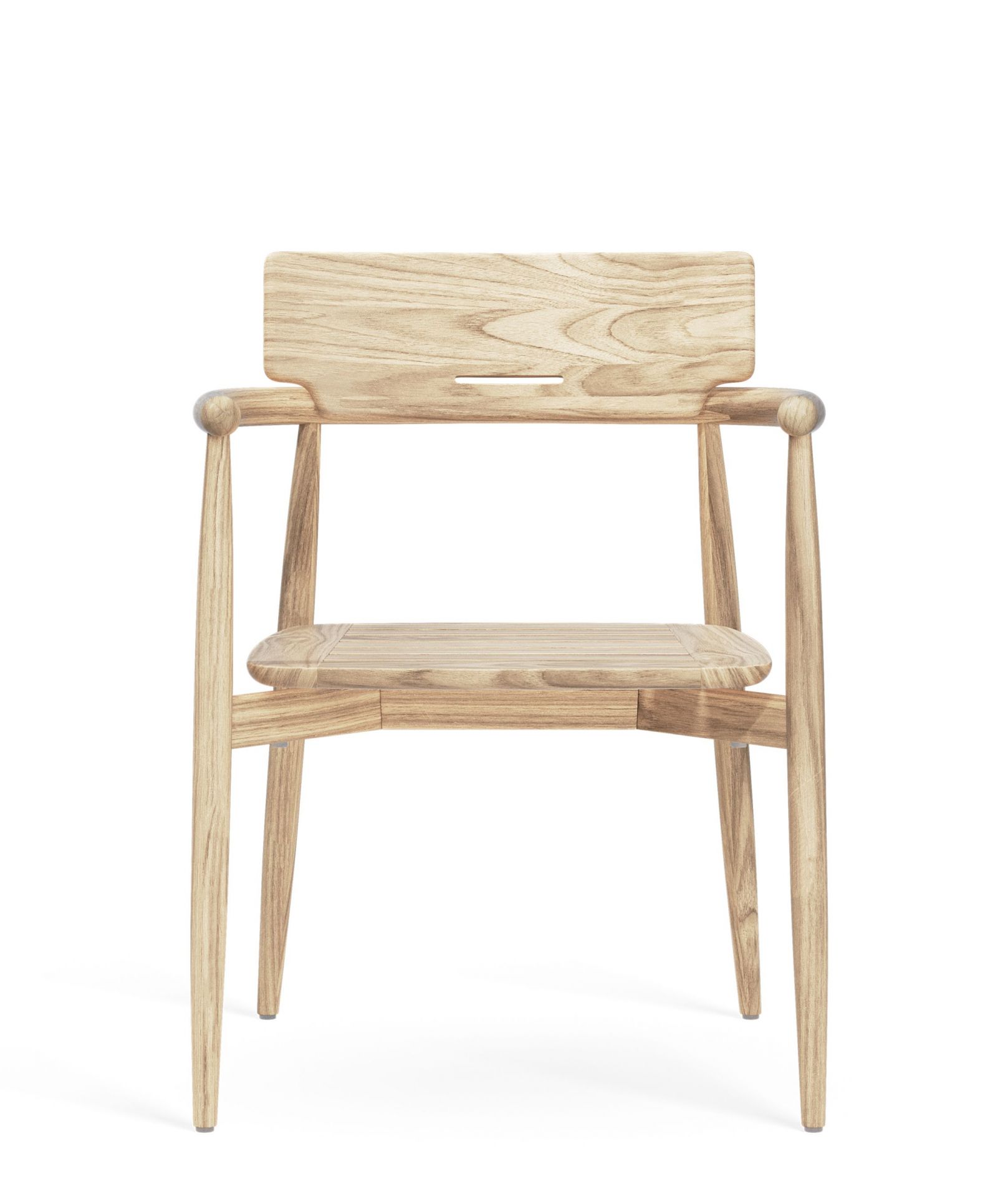 E008 Embrace Stuhl von Carl Hansen & Søn, ein heller Holzstuhl für den Außenbereich.