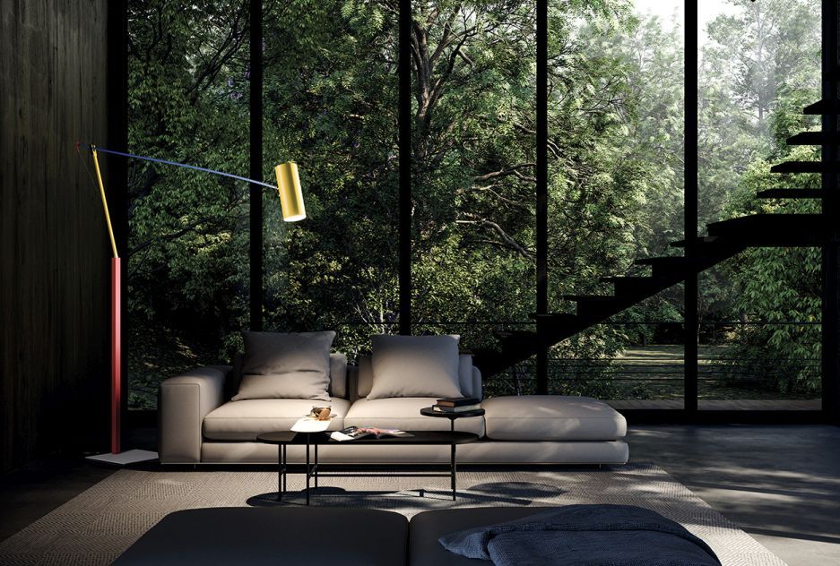 Ettorino BIG Stehleuchte von Catellani & Smith in modernem Wohnzimmer mit Sofa und Fenster.