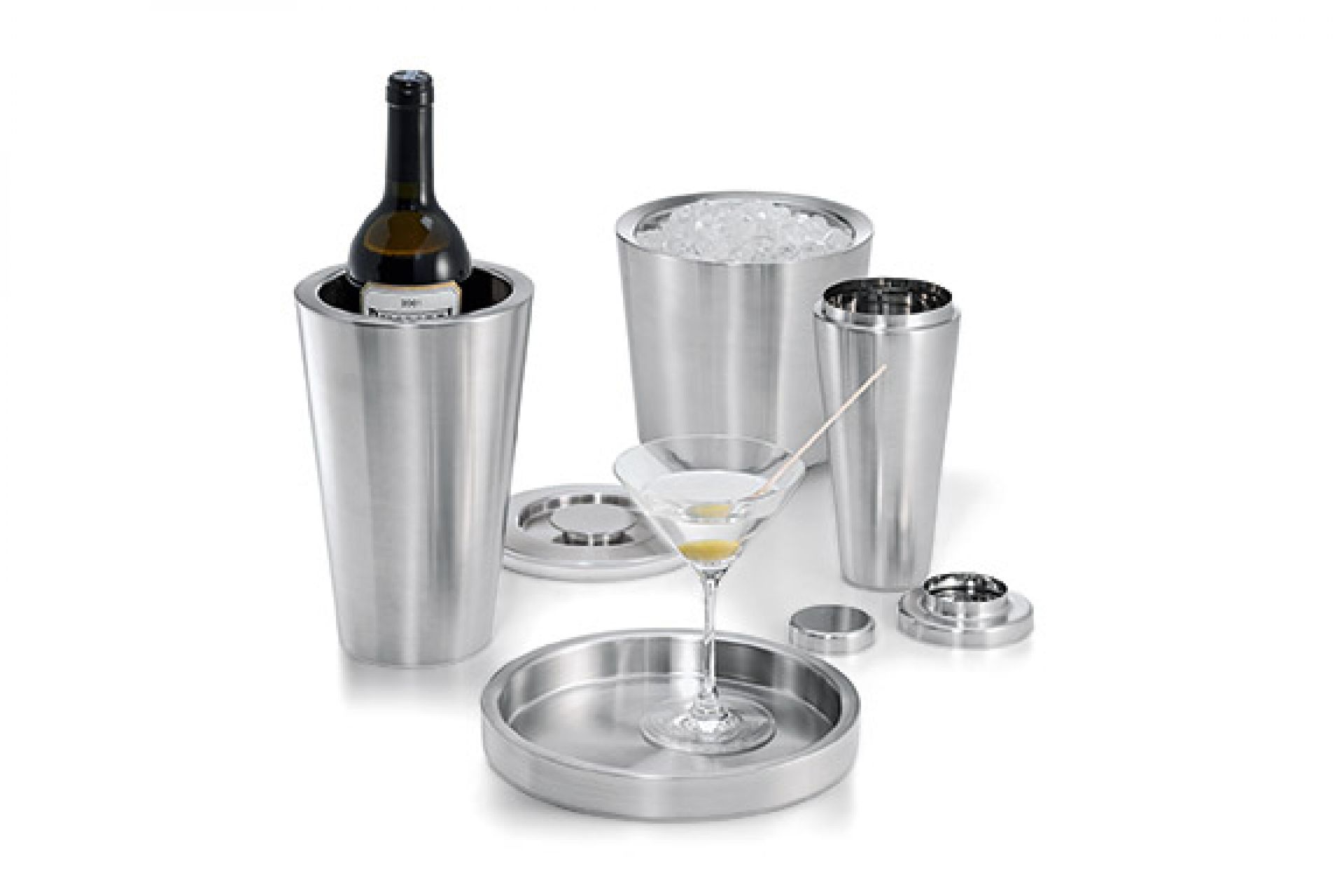 Skyscraper Bar Set von Philippi: Edelstahl Barzubehör mit Weinkühler, Shaker, Eiskübel und Serviertablett.