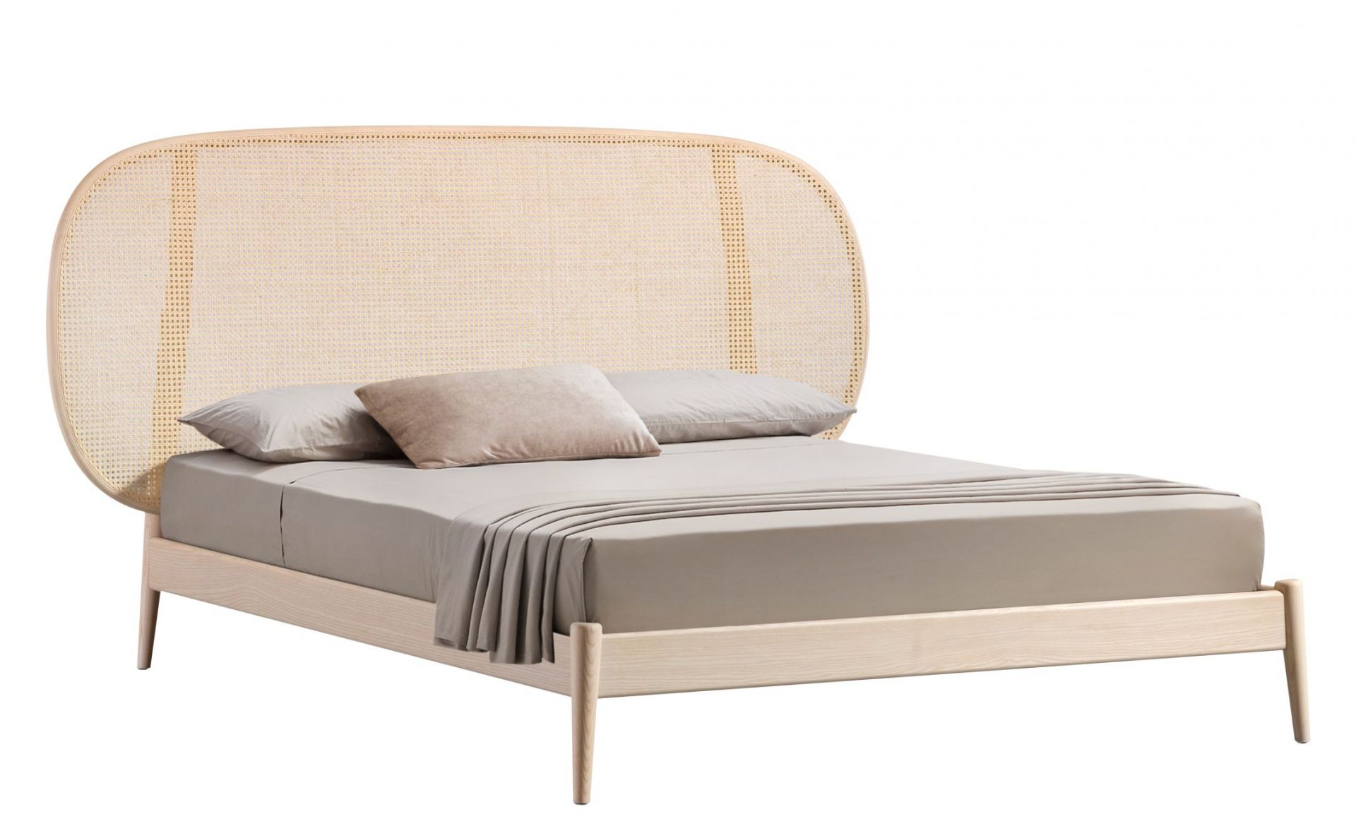 Shiko Bett von Miniforms aus Esche natur mit Wiener Geflecht Kopfteil. Modernes Design.