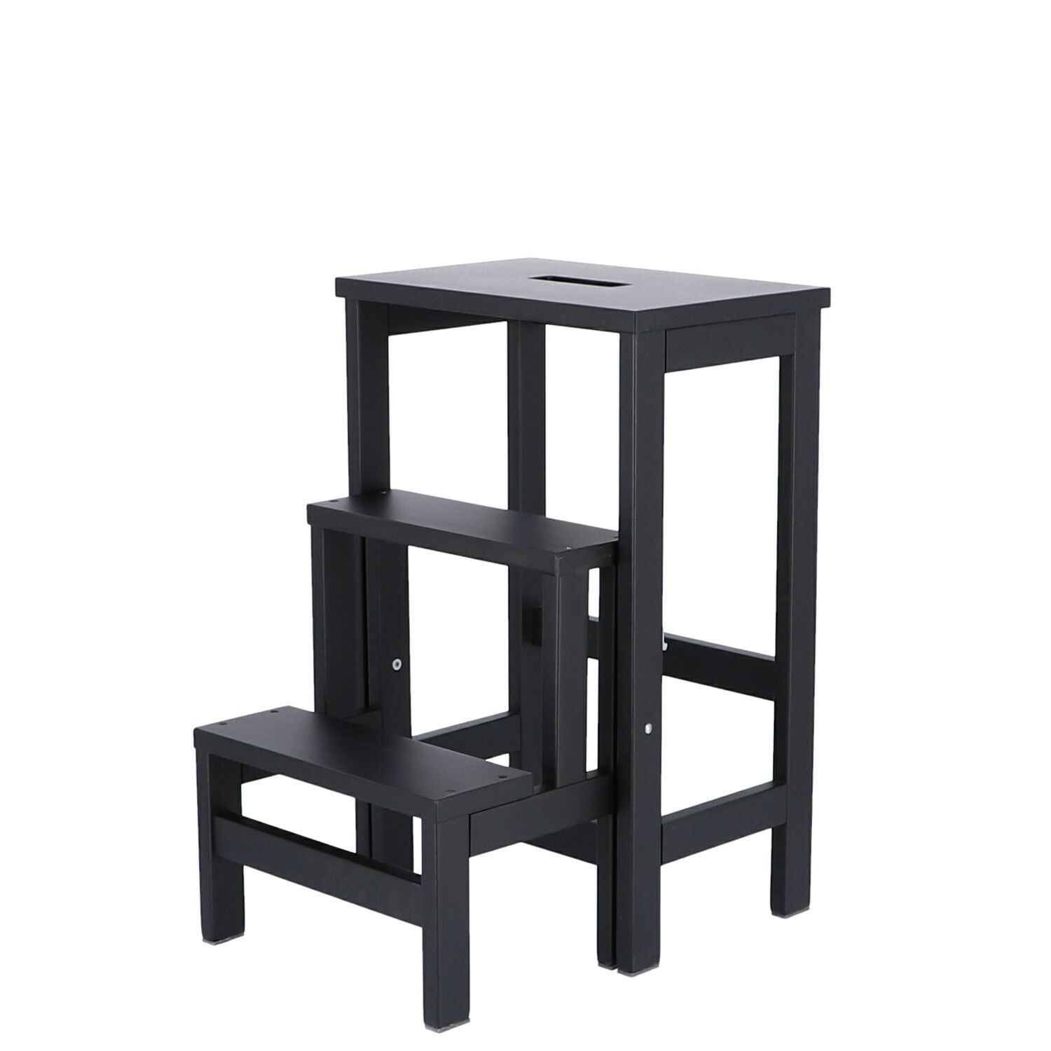 Schwarze Soho Hockerleiter von Jan Kurtz. Multifunktionaler Tritthocker mit zwei Stufen für den Haushalt.