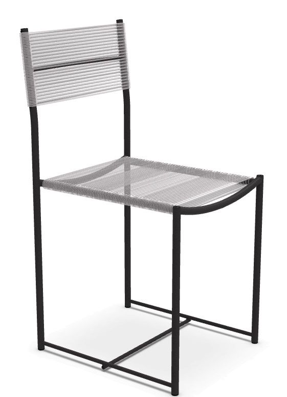 Schwarzer Spaghetti Chair mit farbloser PVC-Bespannung. Moderner Stuhl für Esszimmer und Wohnbereich.