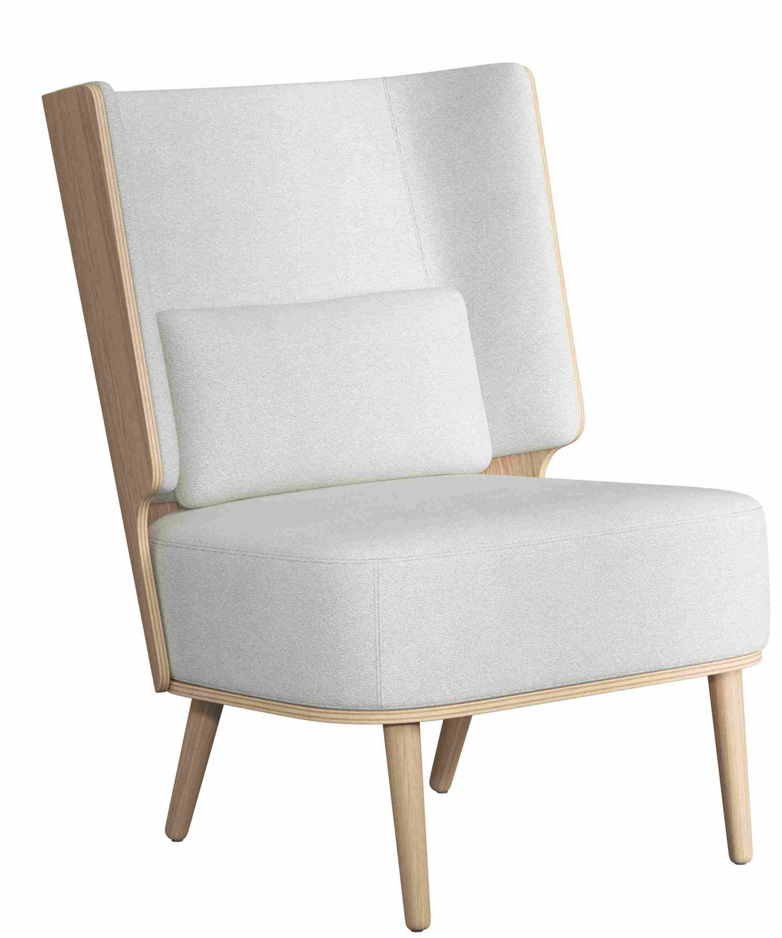 Serena Cushion Kissen von Novoform: Moderner Sessel mit hellem Bezug und Holzrahmen, ideal für Wohnzimmer.