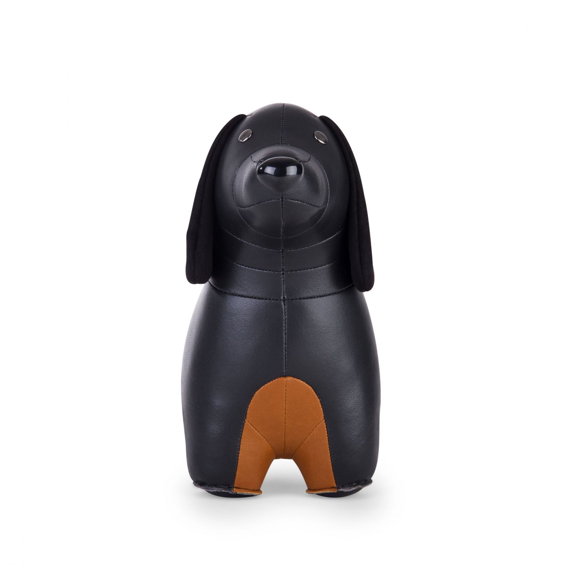 Türstopper Dackel von Züny, aus schwarzem Kunstleder mit braunen Akzenten, dekorativ und funktional.