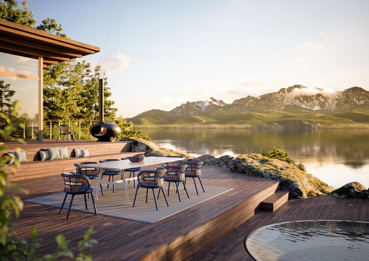 Cirql Hocker von Dedon auf einer Terrasse mit Seeblick. Outdoor Möbel für Garten und Balkon.