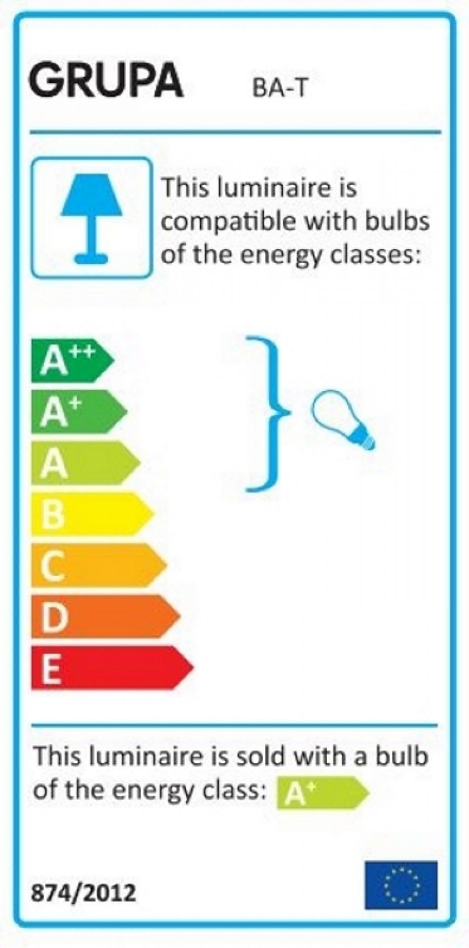 Energieeffizienzlabel der Baluna Tischleuchte von Grupa, kompatibel mit Leuchtmitteln der Klassen A++ bis E.